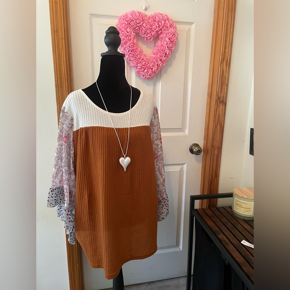 Stylish White and Brown Top with floral sleeves